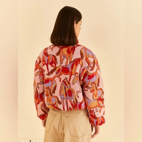 Farm Rio Rose Wild Horses Tricot Reversible Puffer Jacket - Picture 7 of 12